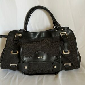 DKNY Donna Karan Black Satchel Logo Pattern Canvas Leather Designer Handbag